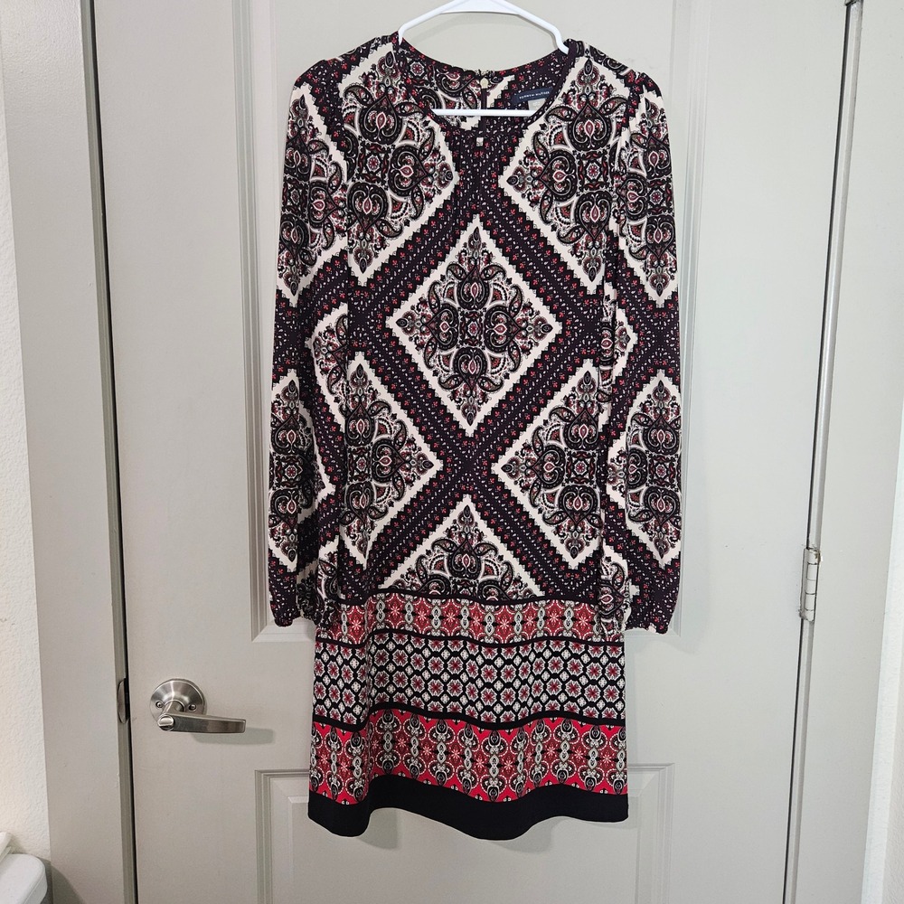 Tommy Hilfiger Womens Navy Red Paisley Geometric Shift Dress Long Sleeve Size 6